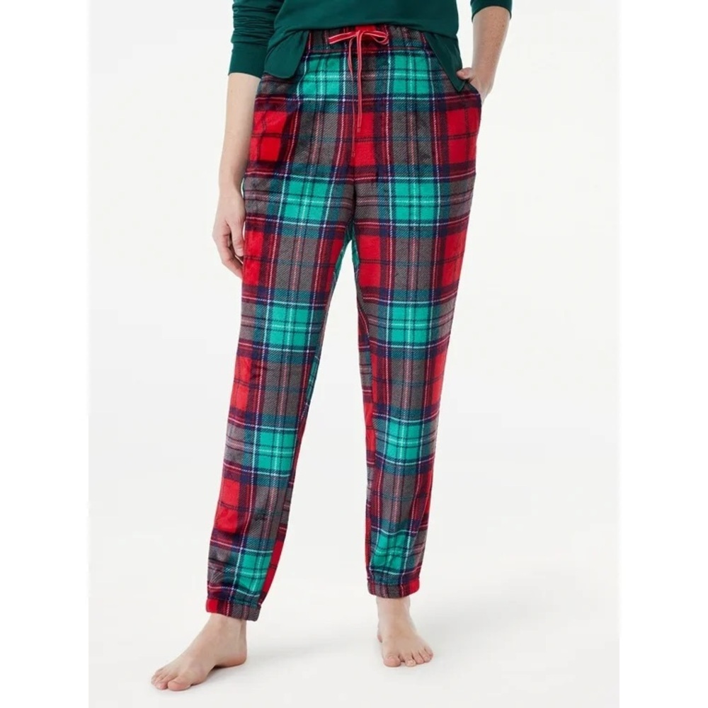 Joyspun Womens Plush Fleece Sleep Joggers Plaid Lounge Pants small Holliday wear